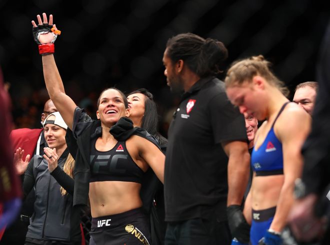 December 30, 2016; Las Vegas, NV, USA; Amanda Nunes  reacts after her TKO victory against Ronda Rousey  during UFC 207 at T-Mobile Arena. Mandatory Credit: Mark J. Rebilas-USA TODAY Sports