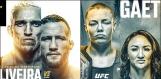 Plakat i aktualna rozpiska gali UFC 274 z udziałem Oliveiry, Gaethjego, Namajunas i Esparzy