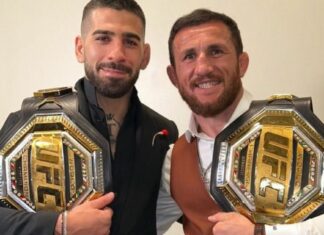 Ilia Topuria z gratulacjami dla rekordowego Meraba Dvalishvili`ego po wygranej na UFC 320