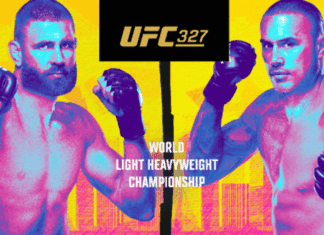 Oficjalny plakat promujący galę UFC 327: Prochazka vs Ulberg z walką Mateusza Gamrota